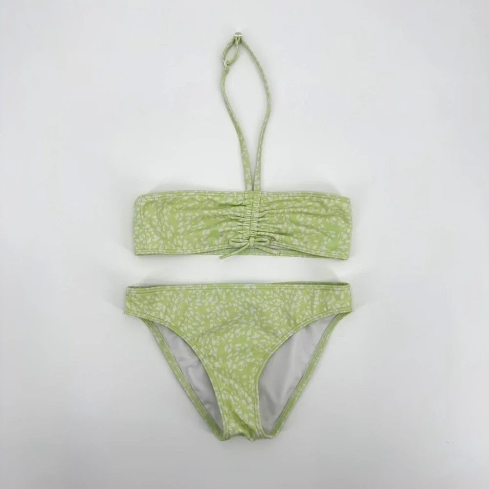 Roxy Girl Lime Green White Abstract Print Bandeau Halter Bikini Set Size 10